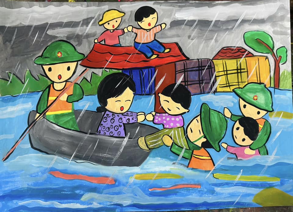 Tranh mẫu 2: vẽ chú bộ đội cứu trợ đồng bào mưa lũ