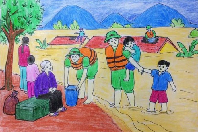 Tranh mẫu 3: vẽ chú bộ đội cứu trợ đồng bào mưa lũ