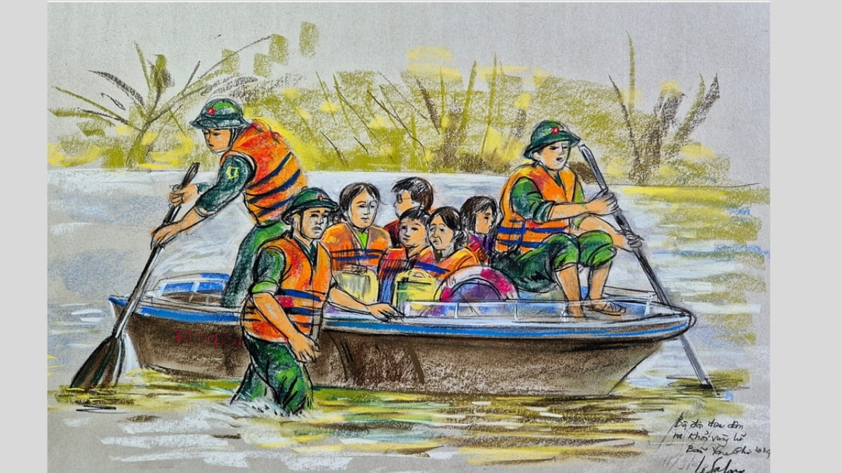 Tranh mẫu 4: vẽ chú bộ đội cứu trợ đồng bào mưa lũ