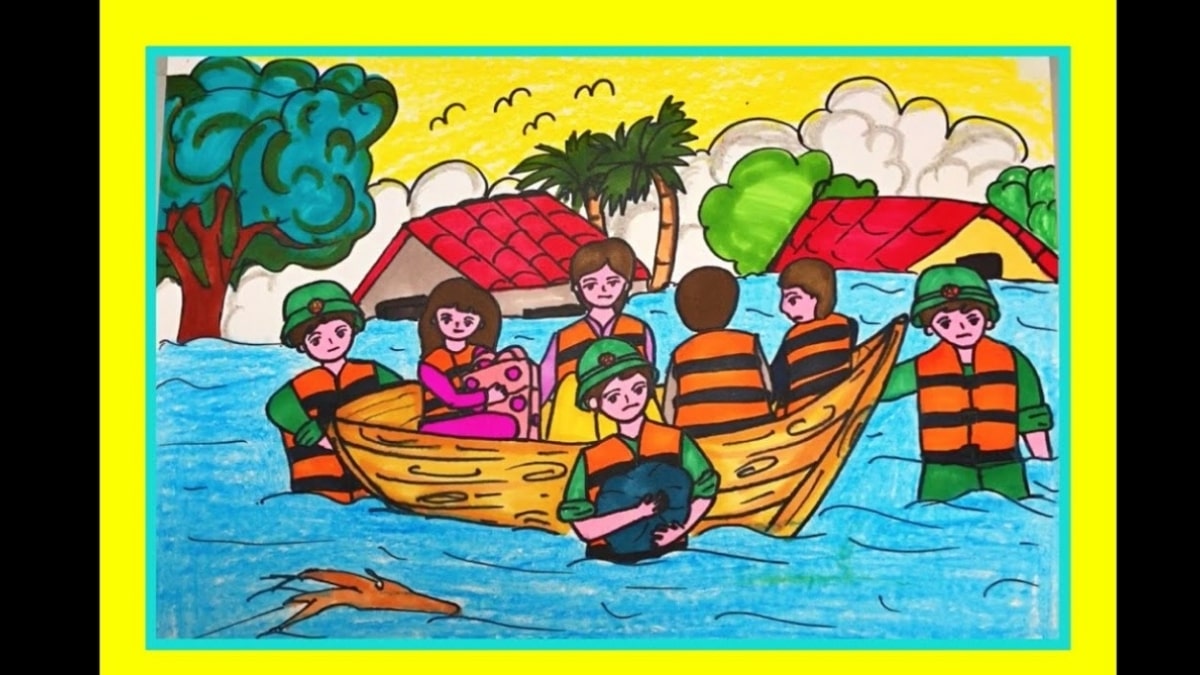 Tranh mẫu 6: vẽ chú bộ đội cứu trợ đồng bào mưa lũ