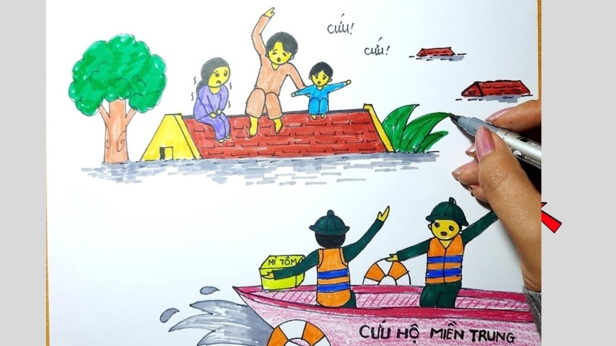 Tranh mẫu 7: vẽ chú bộ đội cứu trợ đồng bào mưa lũ