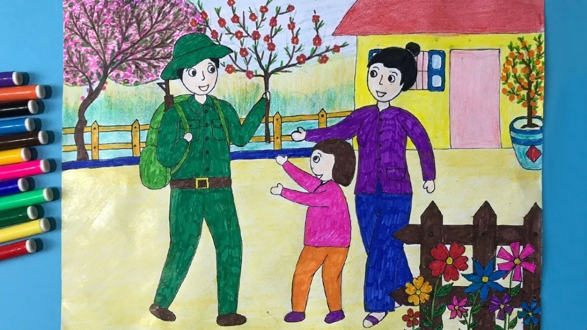 Tranh mẫu 2: vẽ chú bộ đội đón Tết