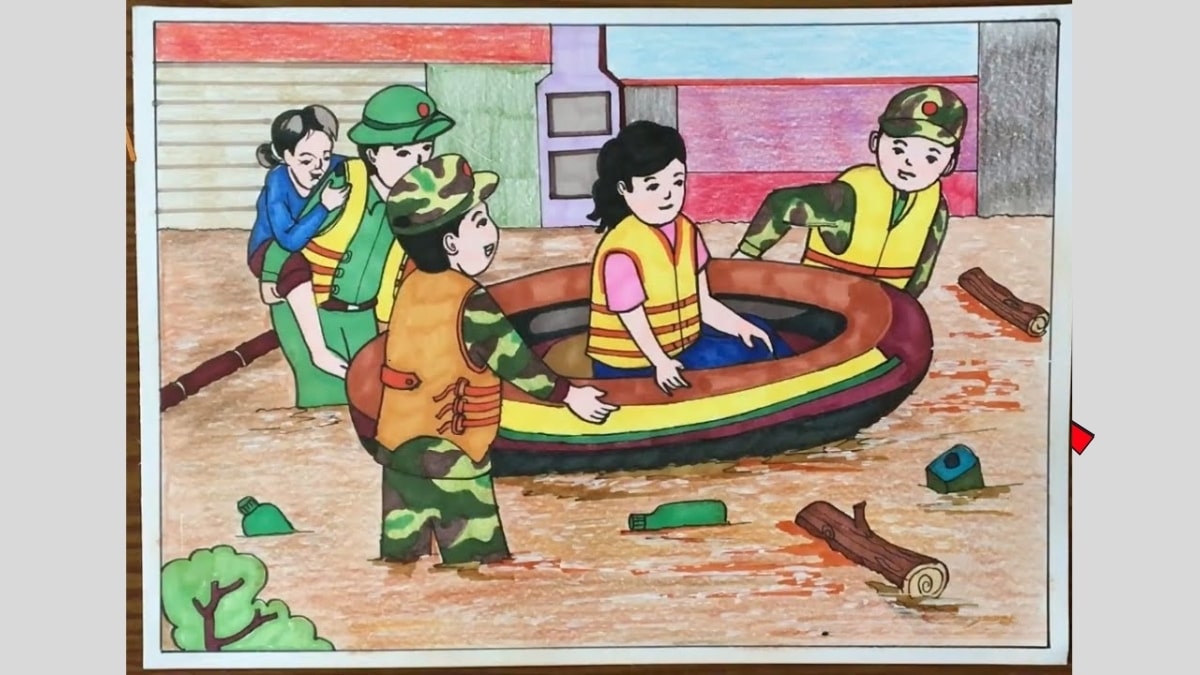Tranh mẫu 8: vẽ chú bộ đội cứu trợ đồng bào mưa lũ