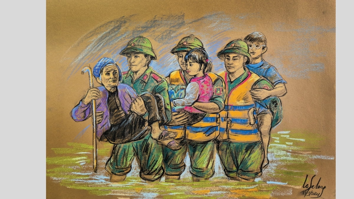 Tranh mẫu 9: vẽ chú bộ đội cứu trợ đồng bào mưa lũ