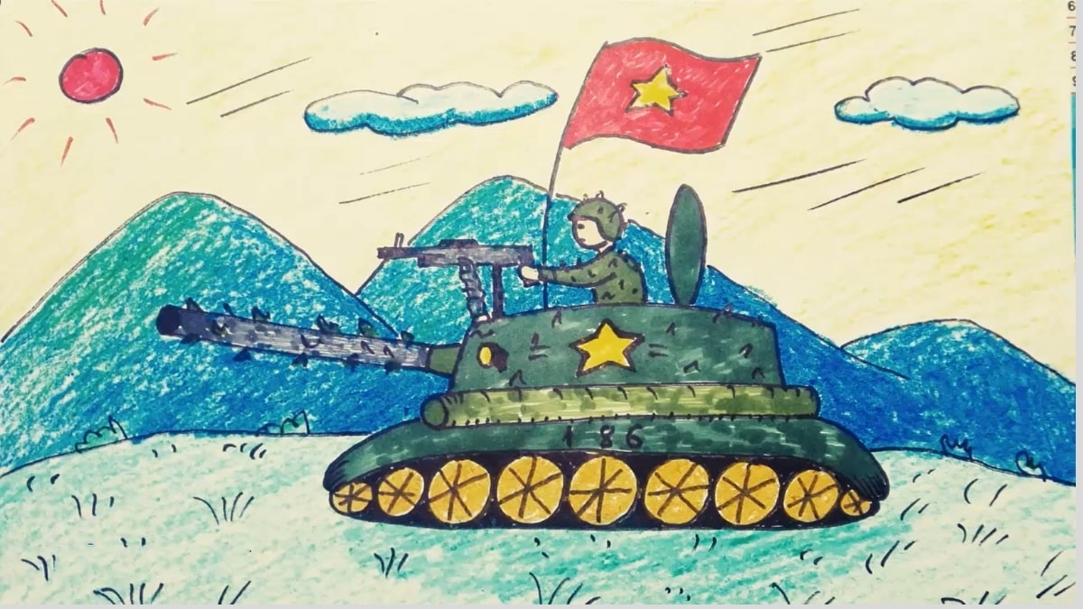 Tranh mẫu 4: vẽ chú bộ đội và xe tăng