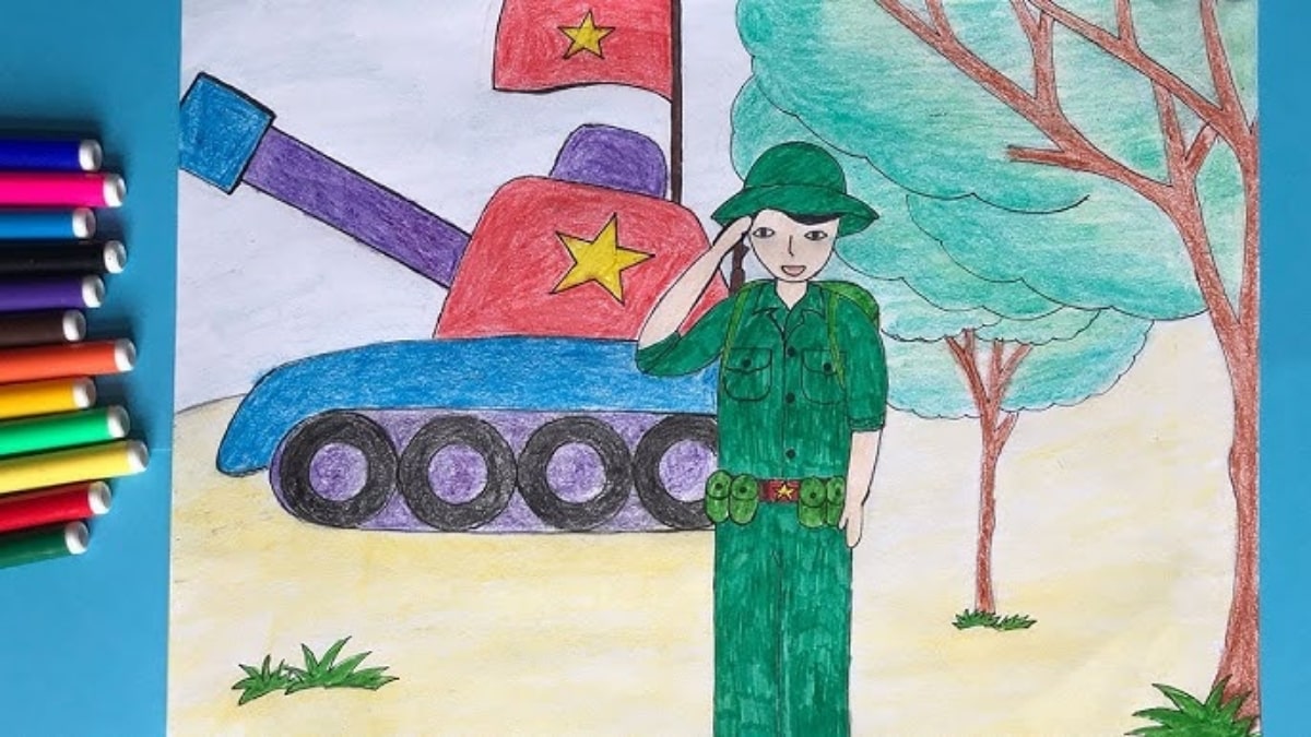 Tranh mẫu 8: vẽ chú bộ đội và xe tăng
