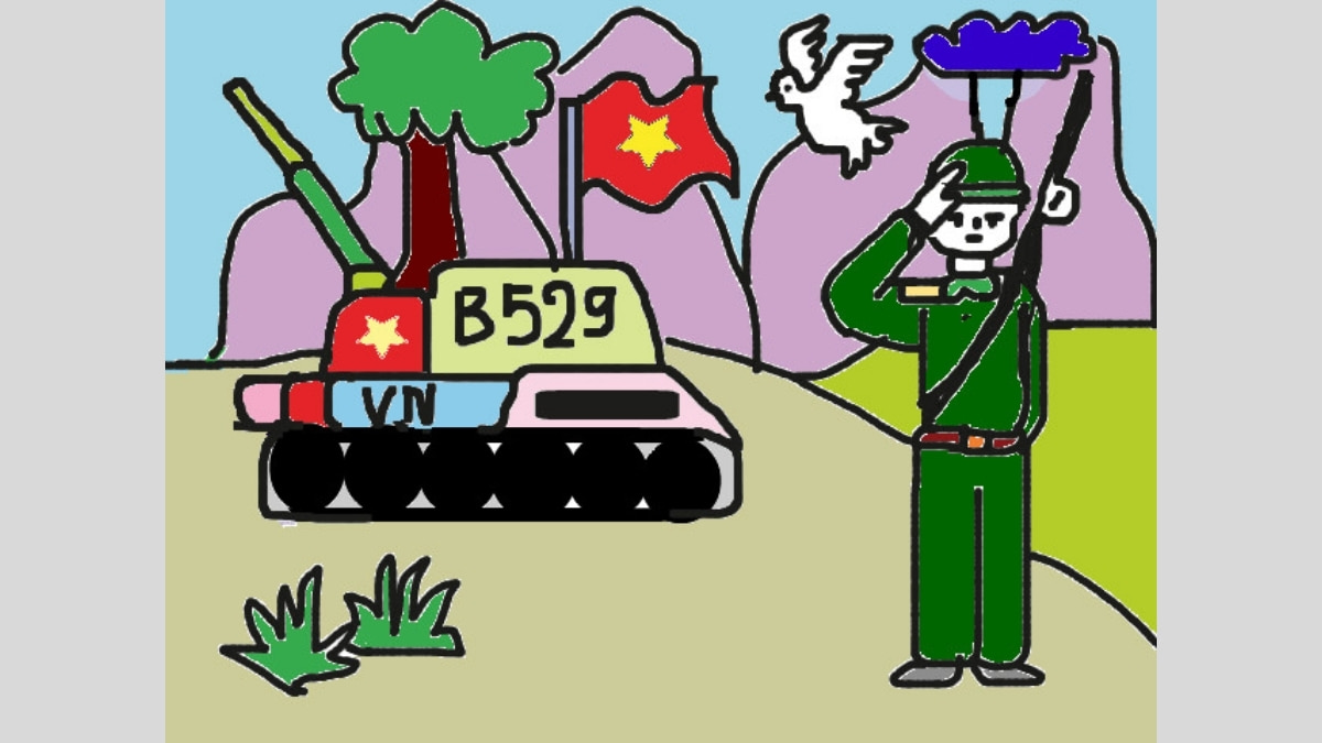 Tranh mẫu 9: vẽ chú bộ đội và xe tăng