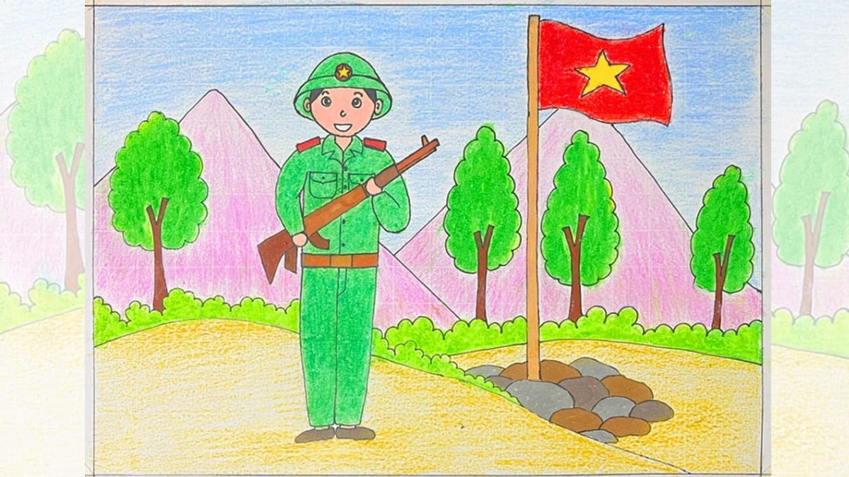 Tranh mẫu 2: vẽ chú bộ đội chào cờ