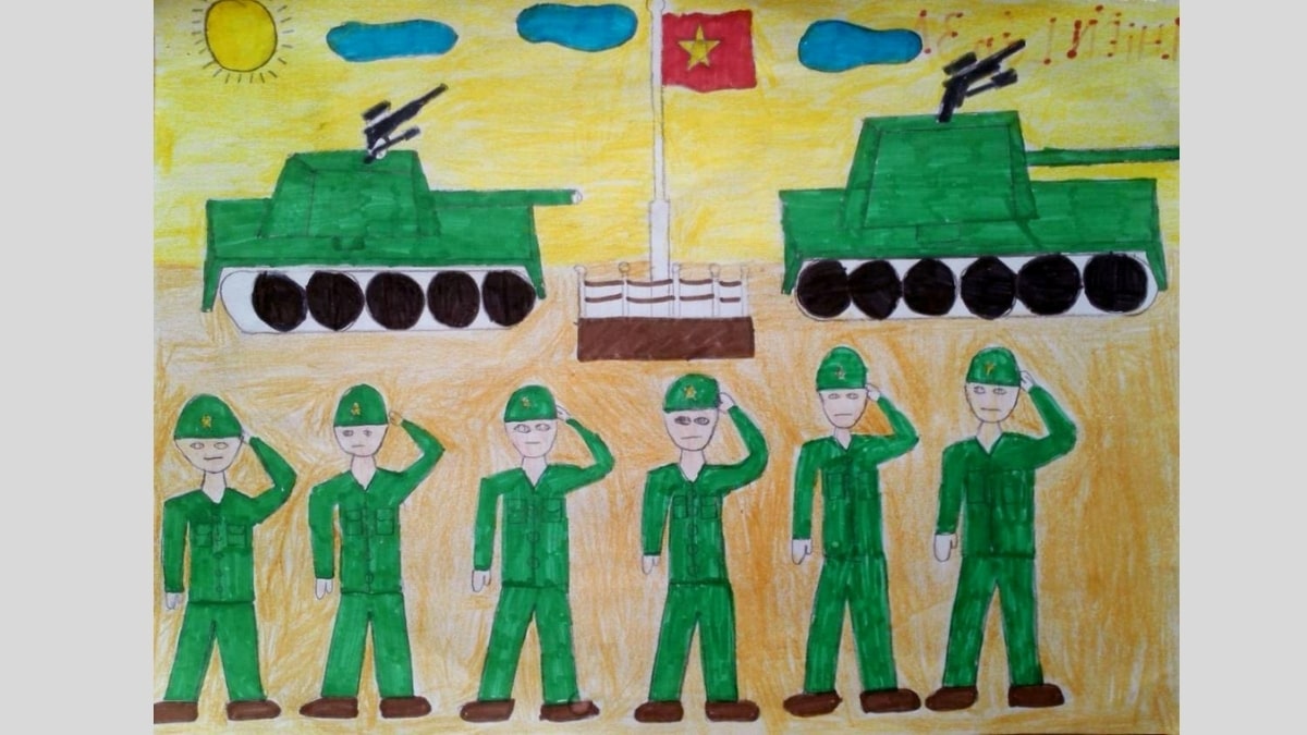 Tranh mẫu 8: vẽ chú bộ đội chào cờ