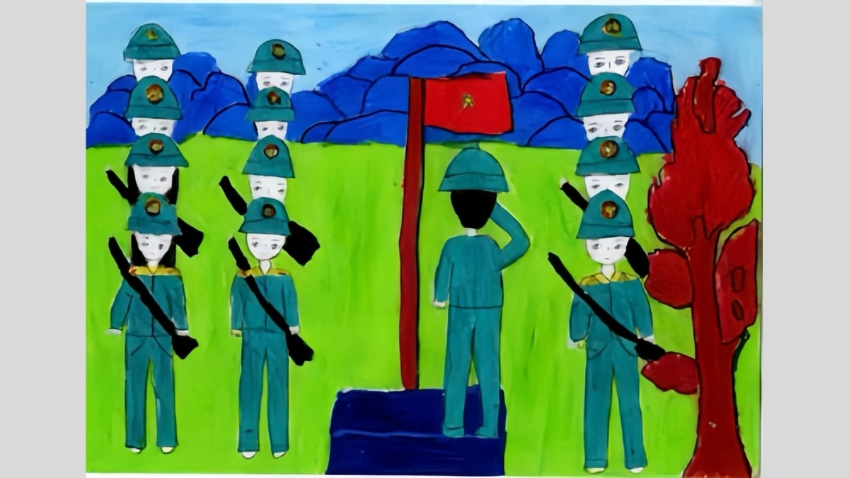 Tranh mẫu 9: vẽ chú bộ đội chào cờ