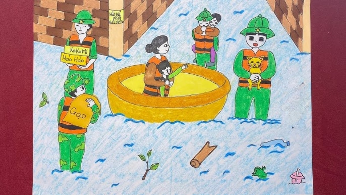 Tranh mẫu 10: vẽ chú bộ đội cứu trợ đồng bào mưa lũ