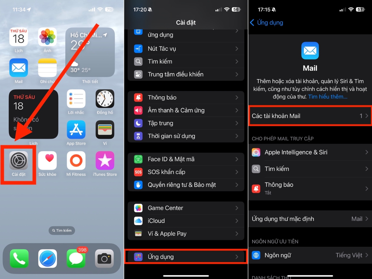 Ứng dụng >  Chọn C&aacute;c t&agrave;i khoản Mail