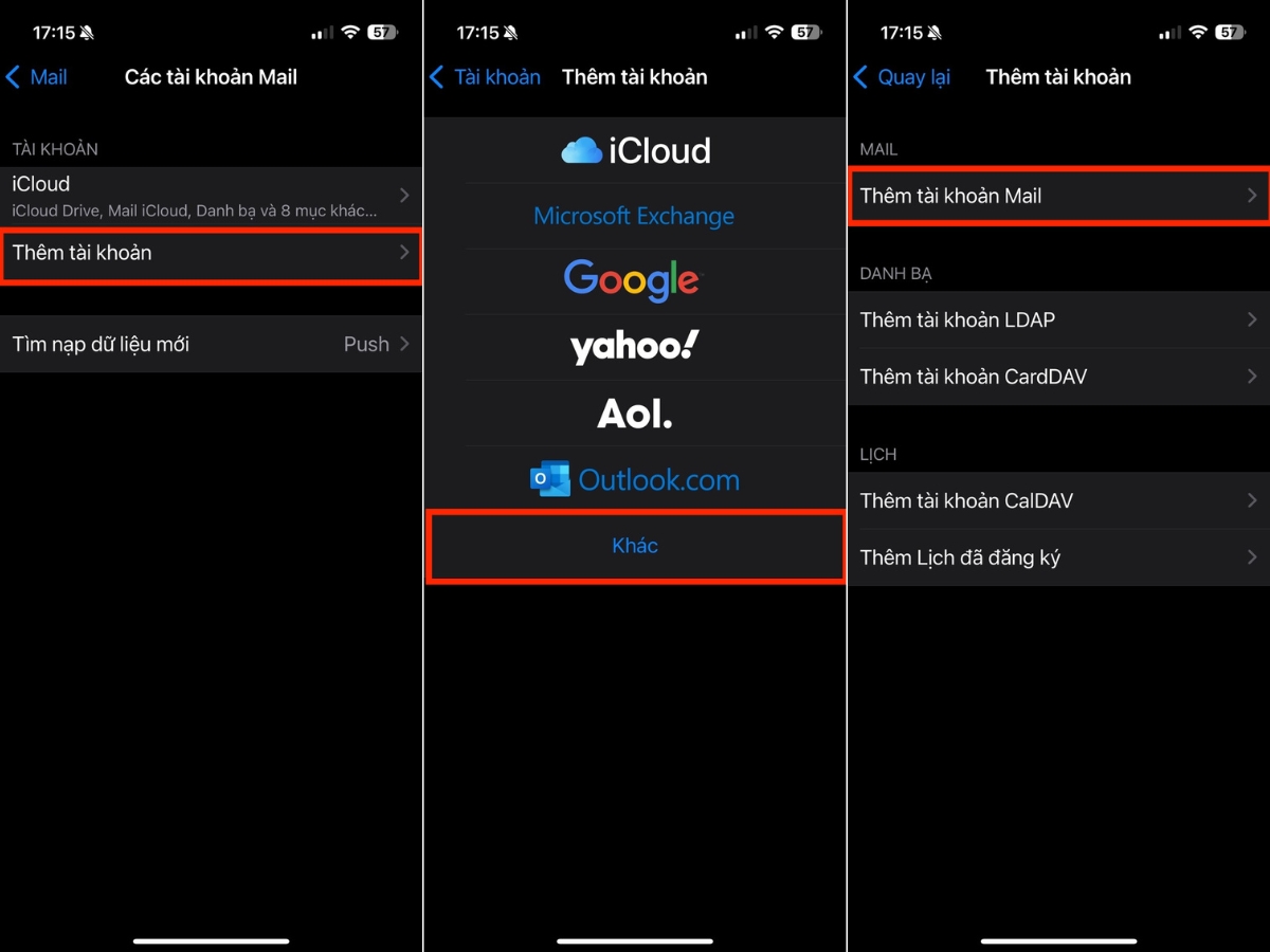 Th&ecirc;m t&agrave;i khoản > Kh&aacute;c > Th&ecirc;m t&agrave;i khoản Mail