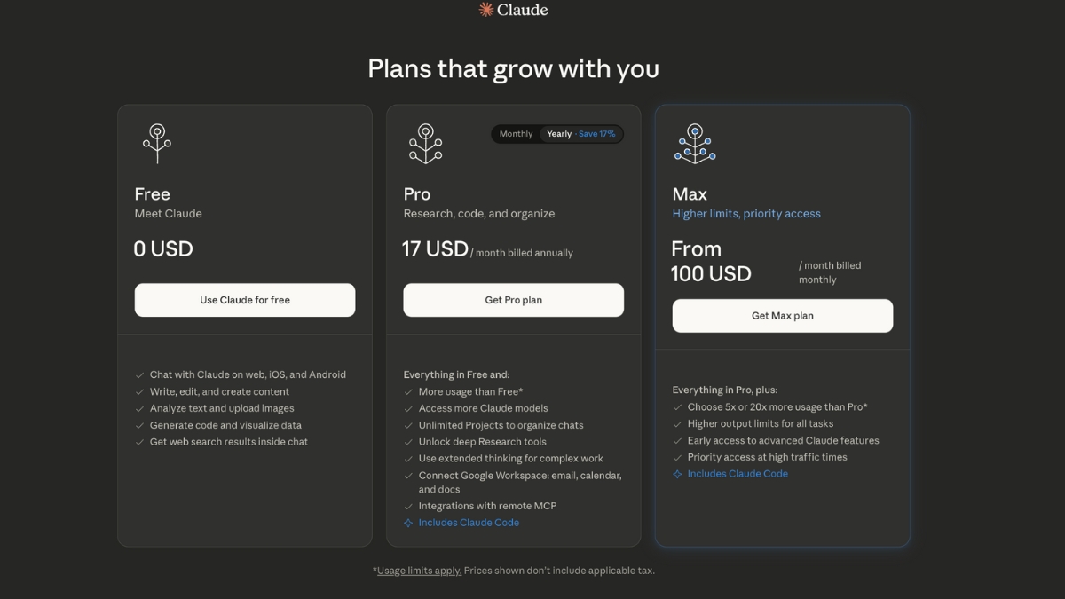 Bảng gi&aacute; Claude AI mới nhất