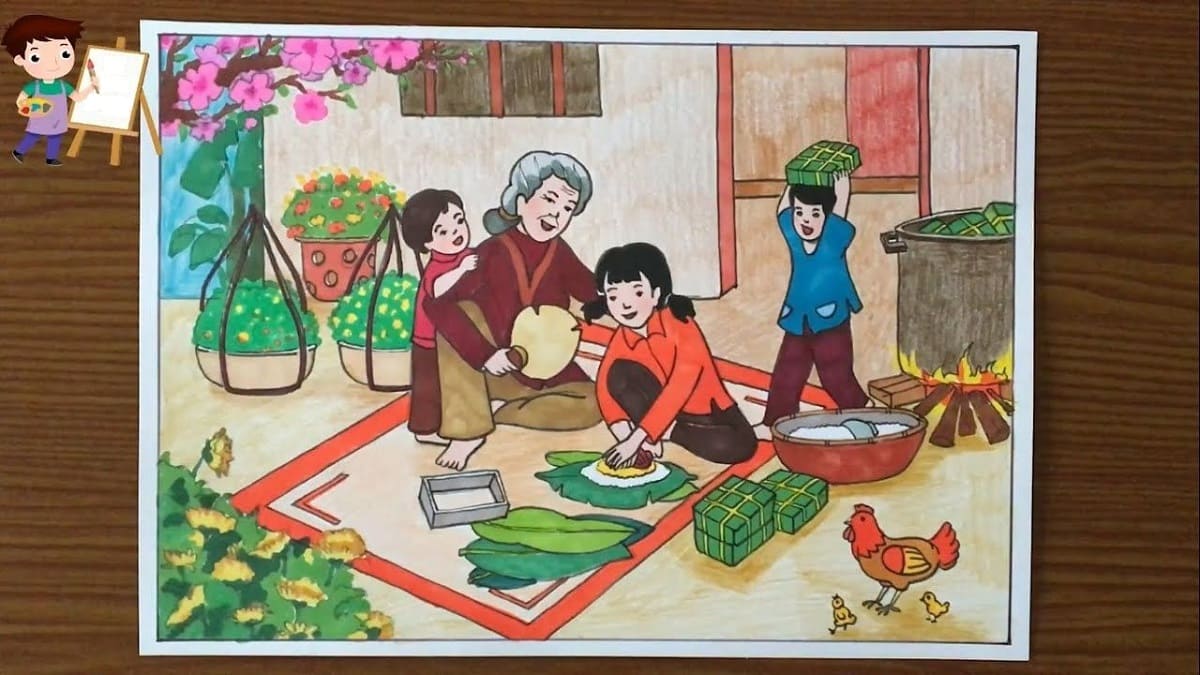 Mẫu vẽ tranh ngày Tết đơn giản, sáng tạo