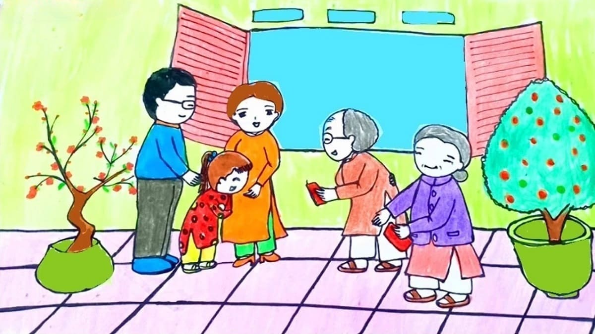 Mẫu vẽ tranh ngày Tết đơn giản, sáng tạo