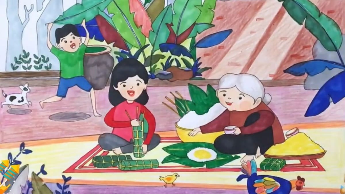 Vẽ tranh ngày Tết gói bánh chưng