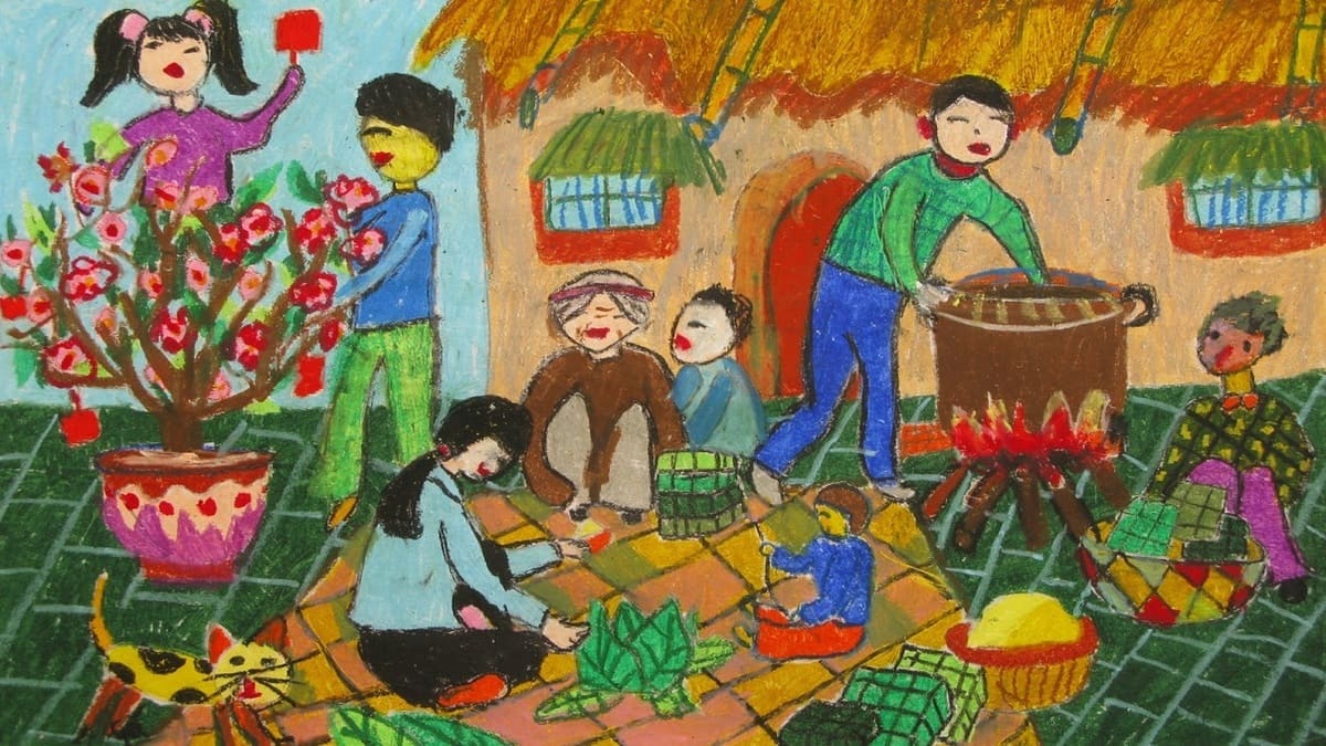 Vẽ tranh ngày Tết gói bánh chưng