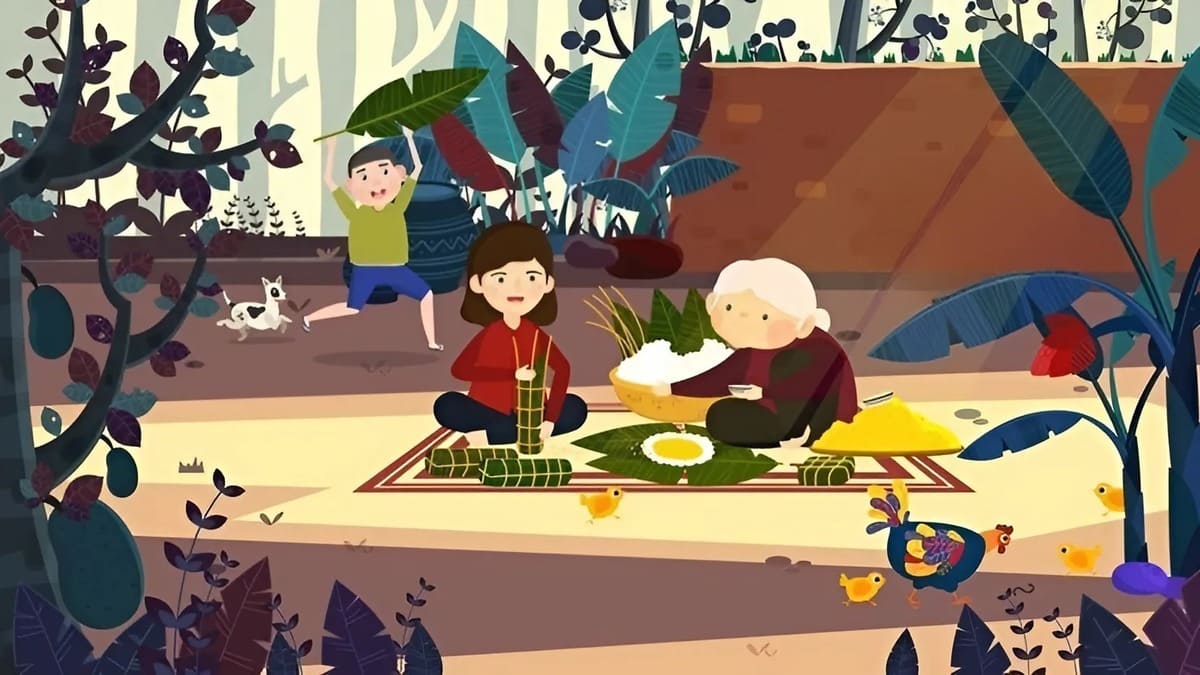 Vẽ tranh ngày Tết gói bánh chưng