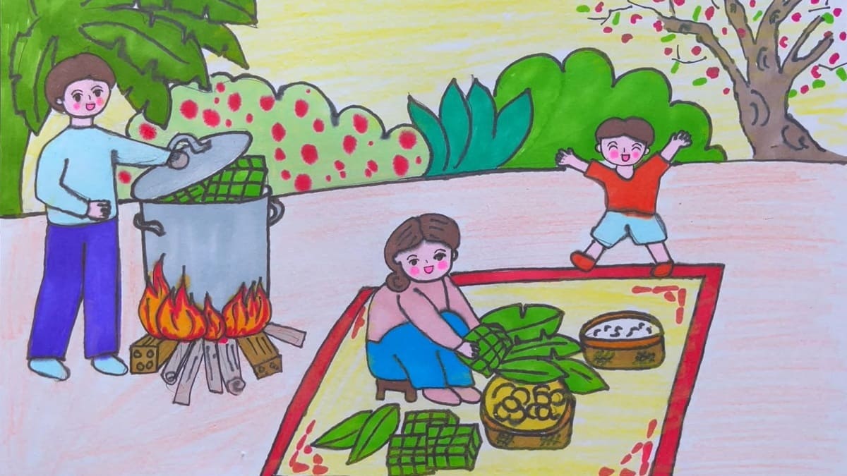 Vẽ tranh ngày Tết gói bánh chưng