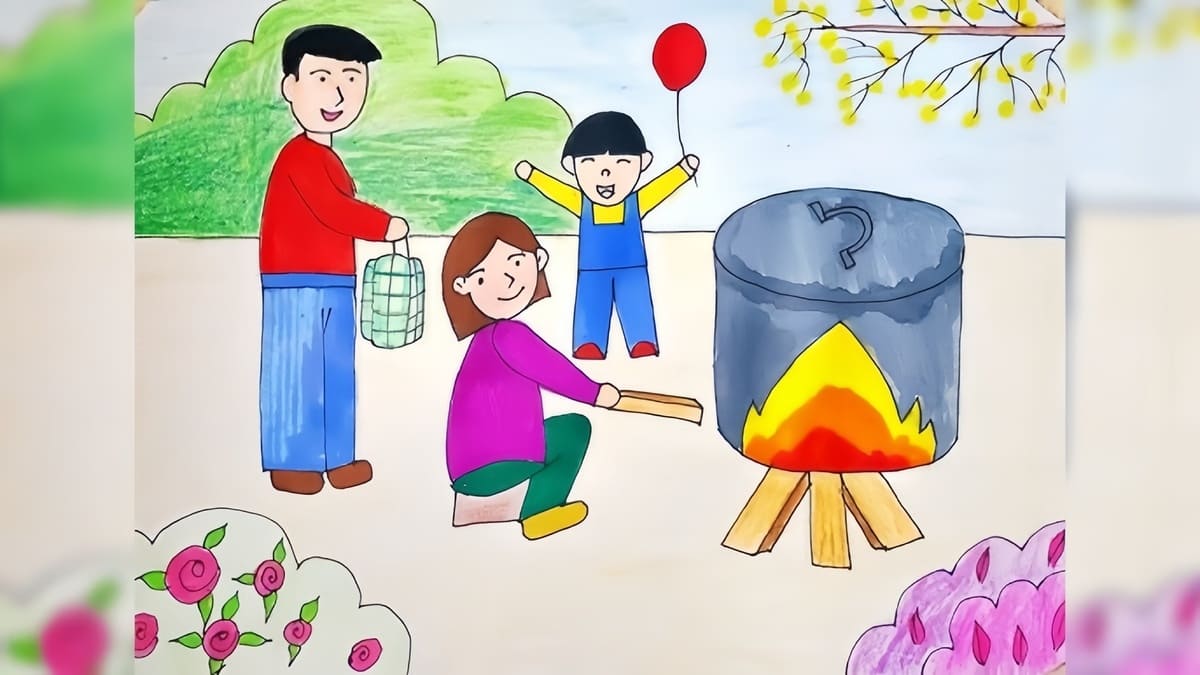 Vẽ tranh ngày Tết gói bánh chưng