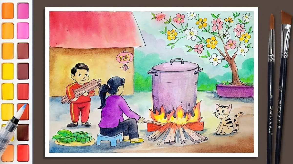 Vẽ tranh ngày Tết gói bánh chưng