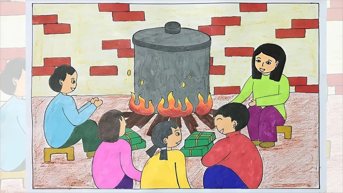 Vẽ tranh ngày Tết gói bánh chưng