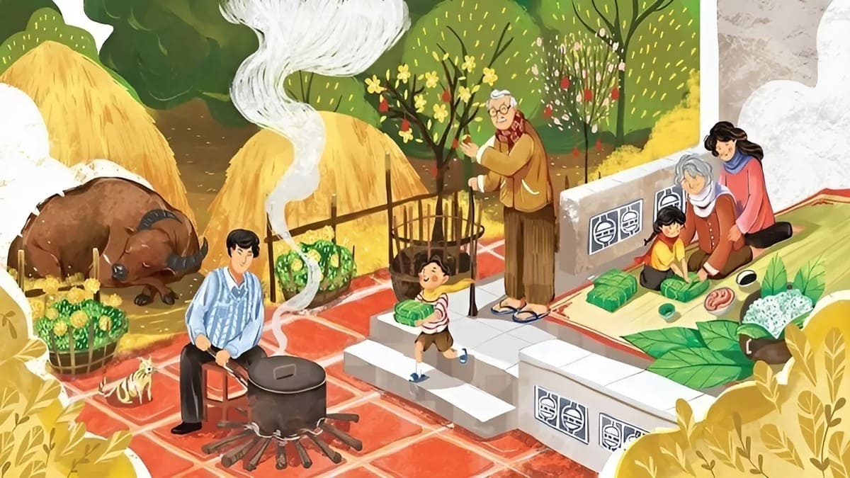 Vẽ tranh ngày Tết gói bánh chưng