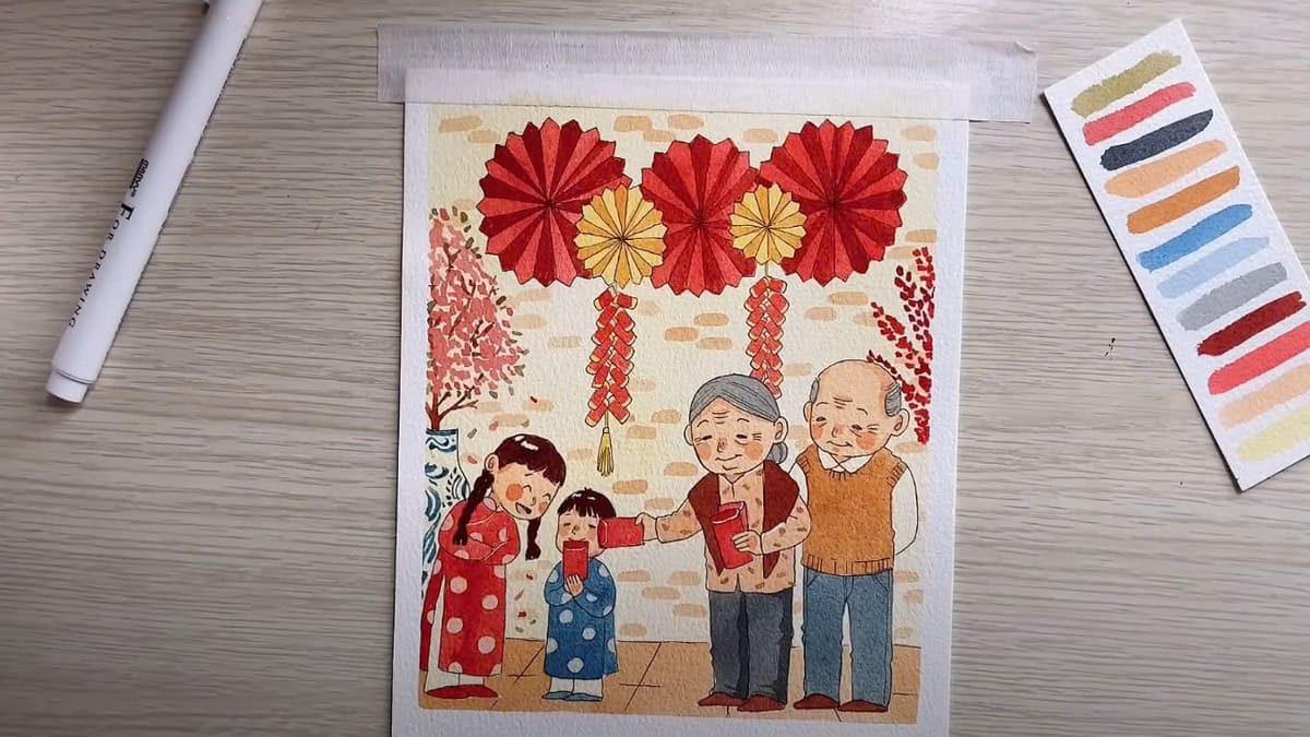 Tranh vẽ ngày Tết lì xì