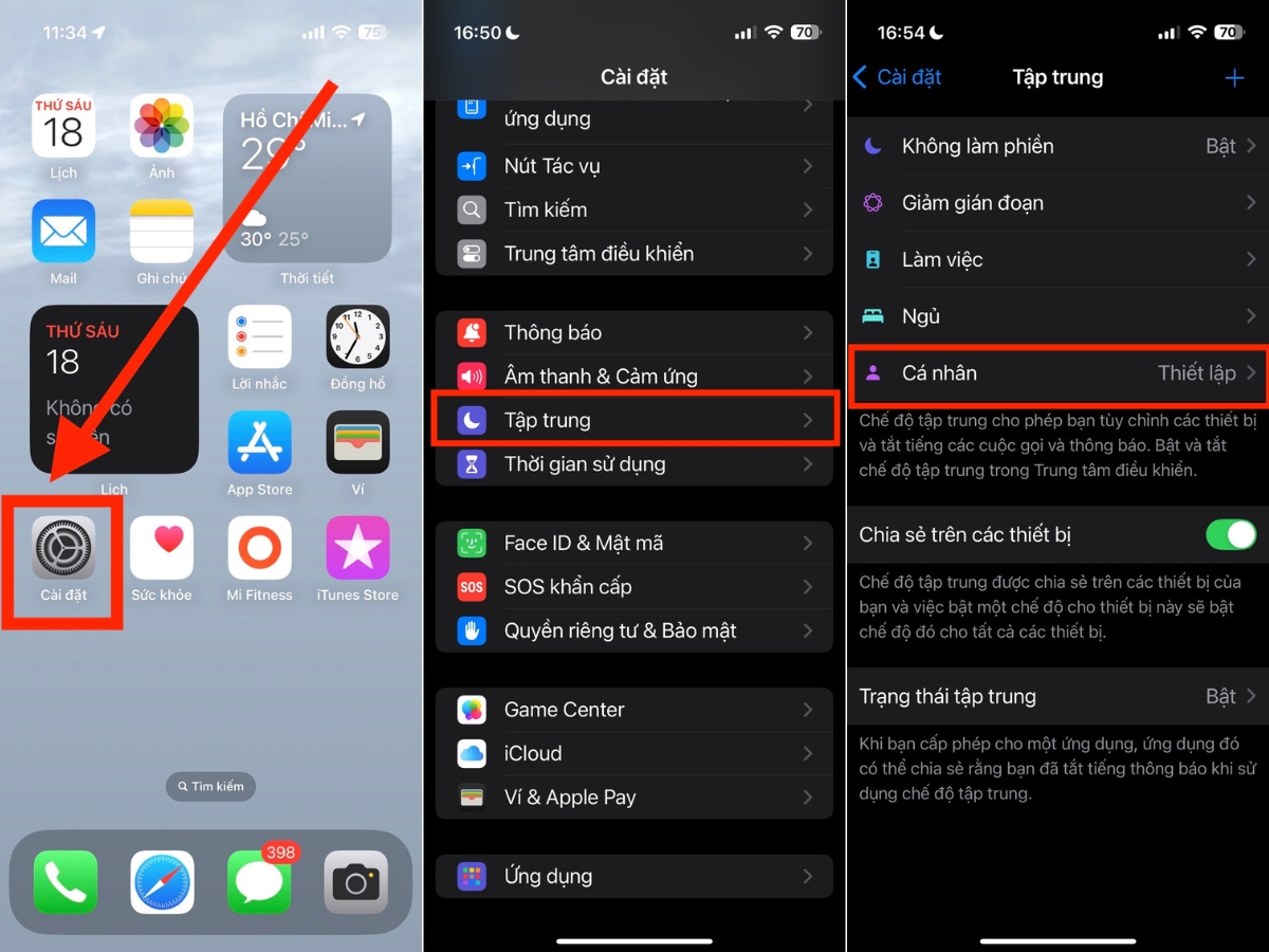 C&agrave;i đặt > Tập trung > Chọn C&aacute; nh&acirc;n