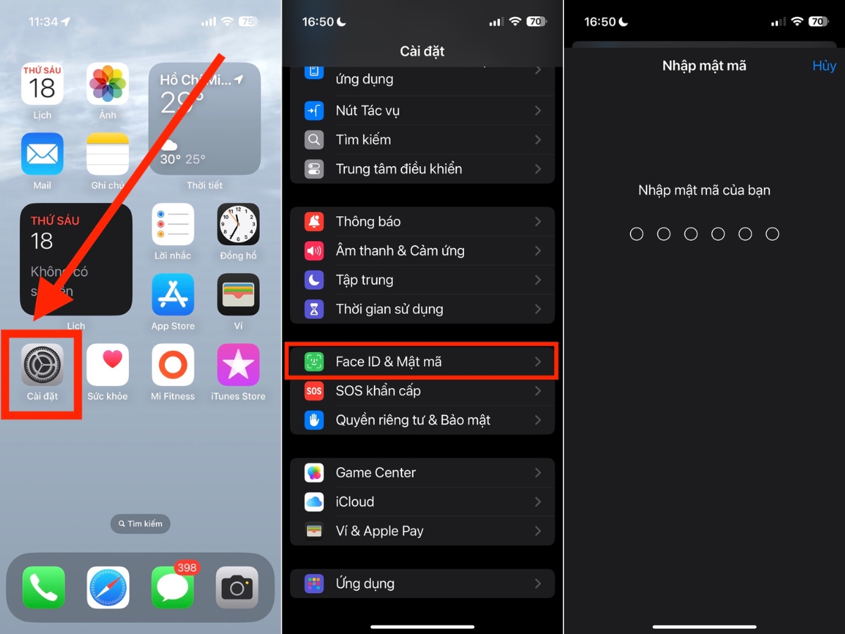 Face ID & Mật m&atilde; > Nhập mật m&atilde; mở kh&oacute;a