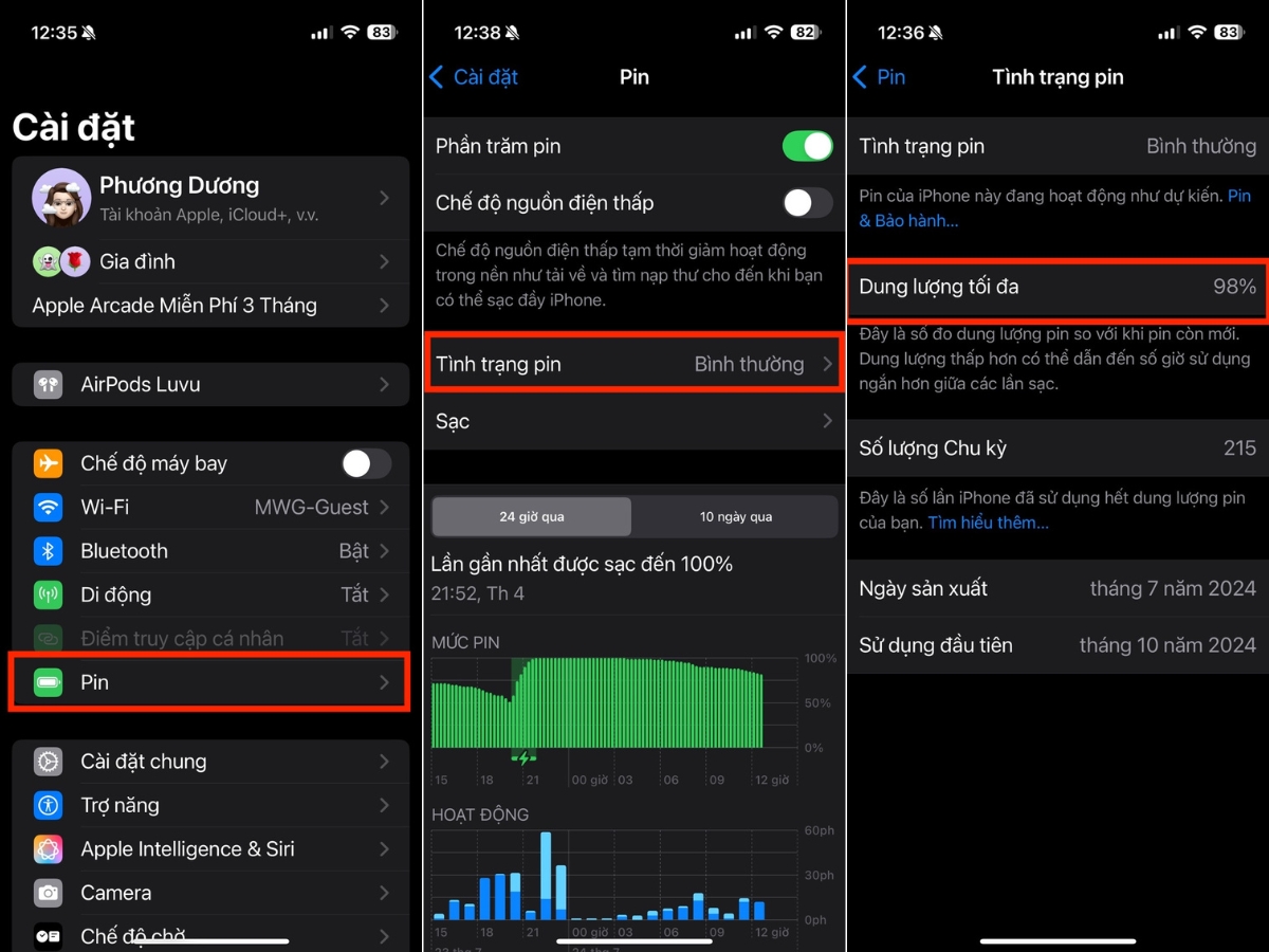 C&agrave;i đặt > Pin > T&igrave;nh trạng pin