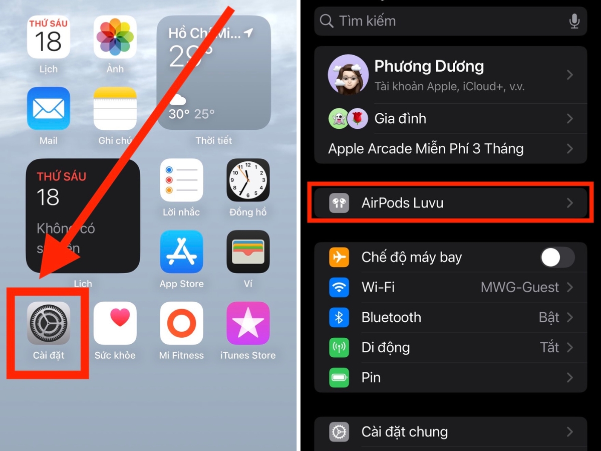 Chọn v&agrave;o AirPods đang kết nối