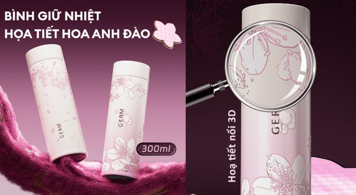 Bình giữ nhiệt inox 300 ml Hoa Anh Đào GERM GE-24SS-DB82 có họa tiết hoa anh đào in nổi tinh xảo