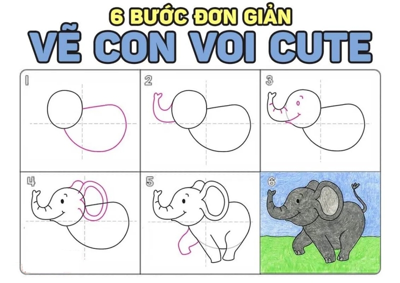 Cách vẽ con voi cute, dễ thương