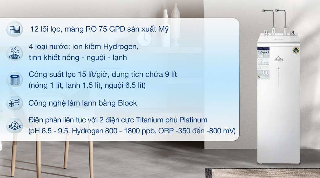 Máy lọc nước RO nóng nguội lạnh Hydrogen ion kiềm Hòa Phát HPA885 12 lõi tạo ra nguồn nước giàu Hydrogen hoạt tính mang đến nhiều lợi ích sức khỏe