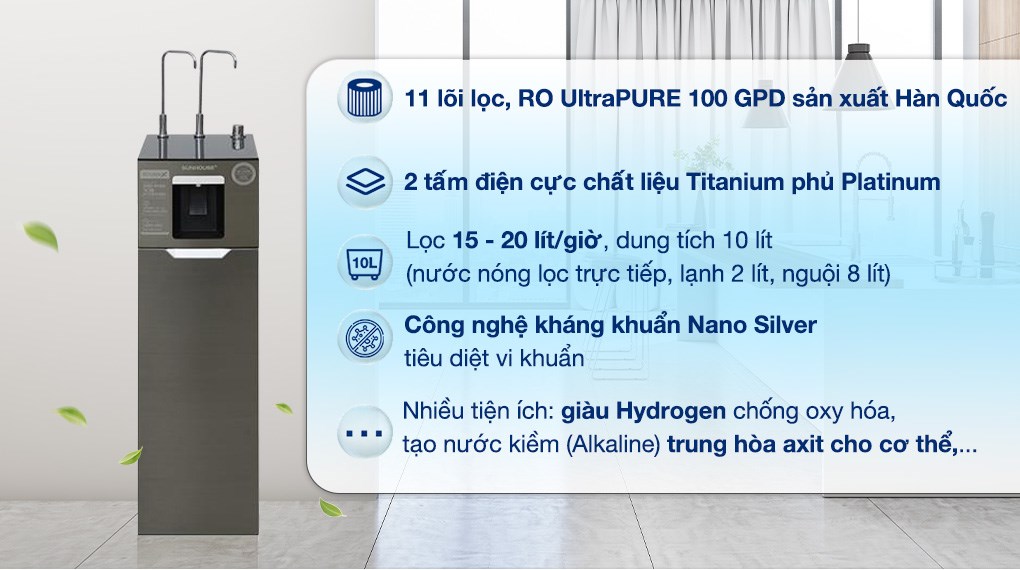 Máy lọc nước RO nóng nguội lạnh Hydrogen Sunhouse UltraX SHA76688SH 11 lõi kiểu dáng sang trọng, hiện đại, mang đến nguồn nước sạch khỏe cho cả gia đình