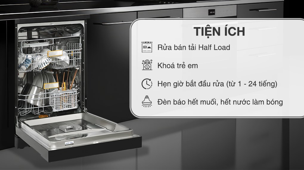 Máy rửa chén Comfee tích hợp nhiều tiện ích như rửa nửa tải, khóa trẻ em và hoạt động êm ái