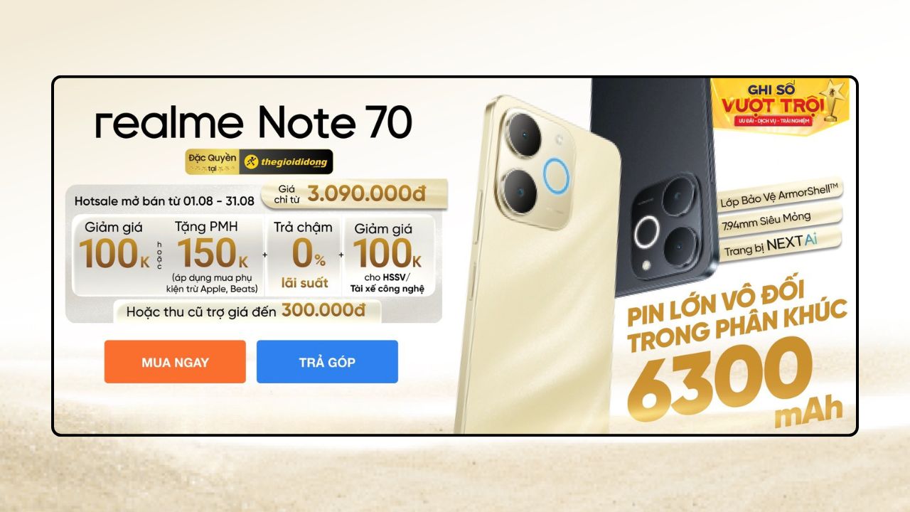 Hotsale Mở Bán Realme Note 70: Giảm Giá 100K Hoặc Tặng Pmh Trị Giá 150K, Giảm Thêm 100K Cho Hssv, Tài Xế Công Nghệ Hotsale Mở Bán Realme Note 70: Giảm Giá 100K Hoặc Tặng Pmh Trị Giá 150K, Giảm Thêm 100K Cho Hssv, Tài Xế Công Nghệ