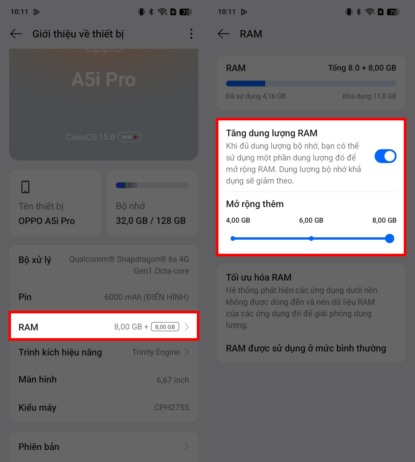 Cách mở rộng RAM trên OPPO A5i Series
