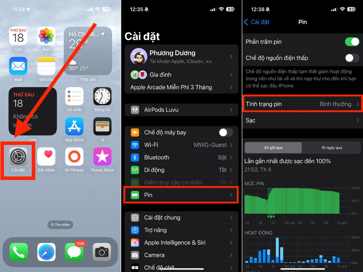 C&agrave;i đặt > Pin > T&igrave;nh trạng pin & Sạc