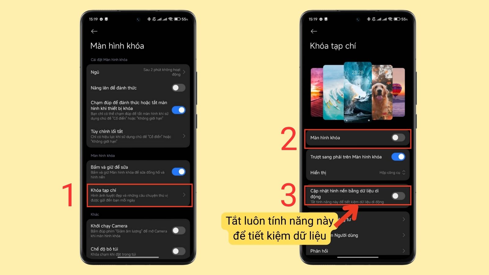 Gạt sang tr&aacute;i để tắt t&iacute;nh năng Tạp ch&iacute; m&agrave;n h&igrave;nh