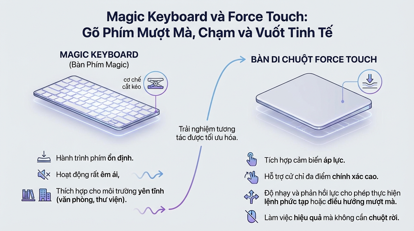 Magic Keyboard và Force Touch: Gõ phím êm ái, chạm vuốt tinh tế Magic Keyboard và Force Touch: Gõ phím êm ái, chạm vuốt tinh tế