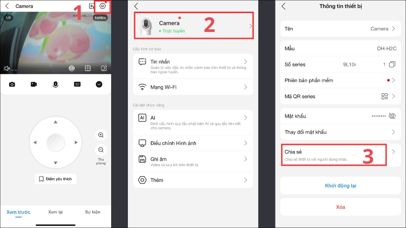 V&agrave;o c&agrave;i đặt của camera > Chọn chia sẻ