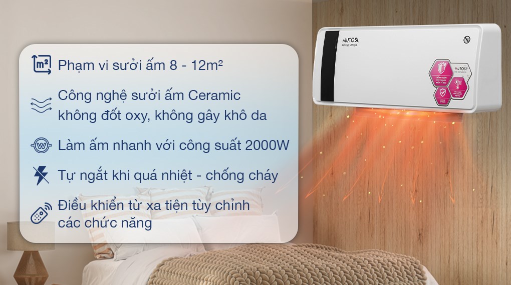 Nhờ khả năng tăng điện trở theo nhiệt, PTC giúp máy sưởi gốm Ceramic Mutosi MCH-2000 hoạt động ổn định và bền bỉ