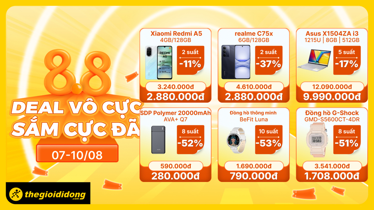 Deal Vô Cực - Sắm Cực Đã: Siêu Sale 8/8 Hàng Loạt Sản Phẩm Công Nghệ Giảm Sập Sàn Tgdđ Deal Vô Cực - Sắm Cực Đã: Siêu Sale 8/8 Hàng Loạt Sản Phẩm Công Nghệ Giảm Sập Sàn Tgdđ