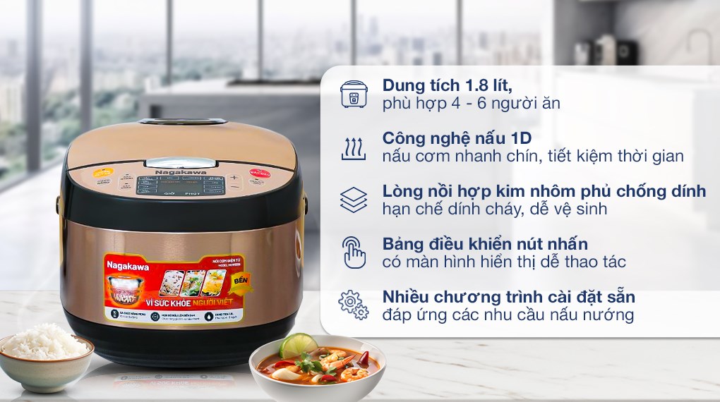 Nồi cơm điện Nagakawa NER5556 công nghệ nấu 3D, chức năng hẹn giờ và giữ ấm tiện lợi