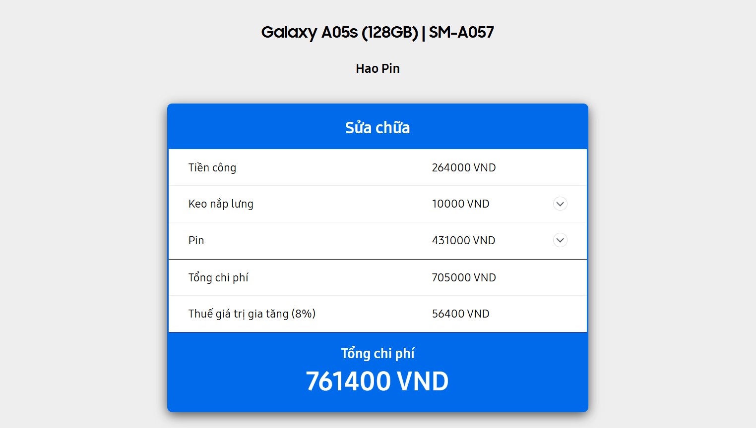 V&iacute; dụ gi&aacute; thay pin m&agrave;n h&igrave;nh Samsung A05s
