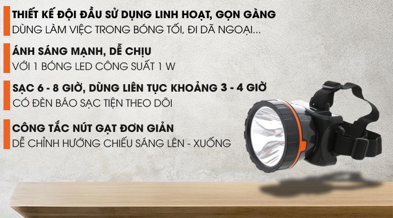 Đèn pin sạc đội đầu Điện Quang ĐQ PFL13 R BLO màu đen cam, LED 1W, dây đeo co giãn tiện dụng