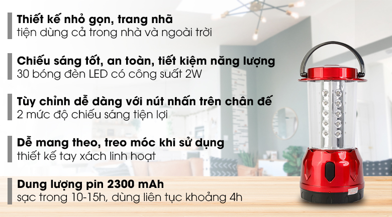 Đèn sạc Điện Quang ĐQ PRL01 02765 có tay xách, 30 bóng LED ánh sáng dịu, phù hợp khi mất điện